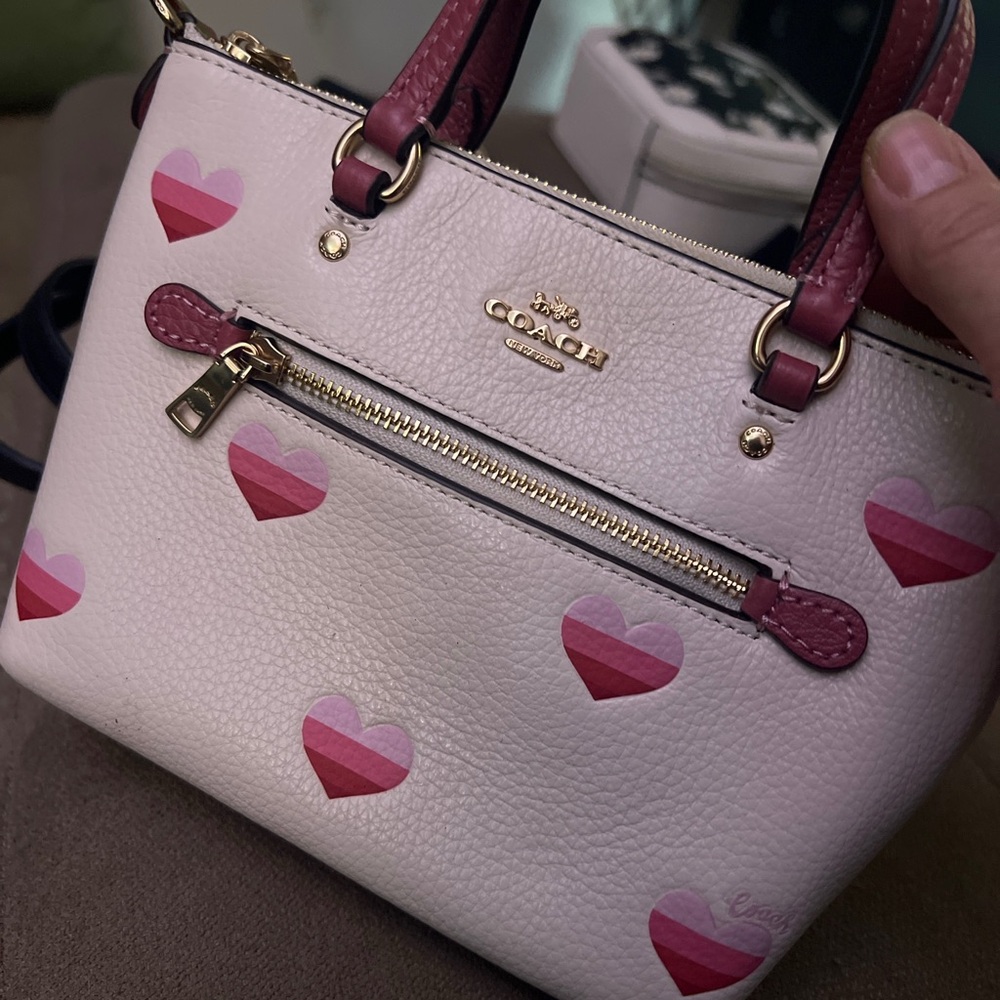 Coach Cream Satchel with Pink Heart Print and Maroon Handles